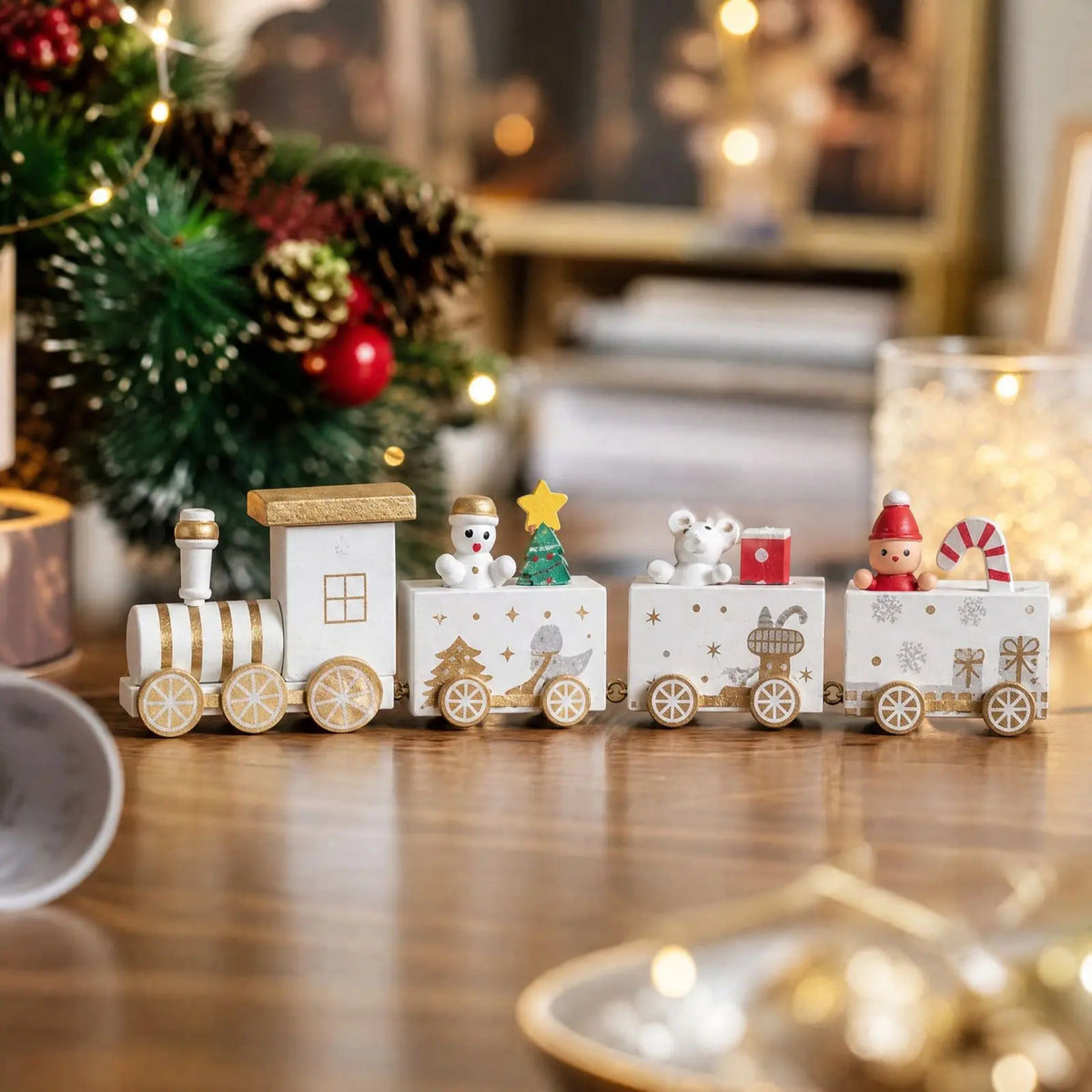 Christmas Wooden Train Xmas 4-Car Wood Train Decor Desktop Window Display Ornament Christmas Holiday Craft Gift