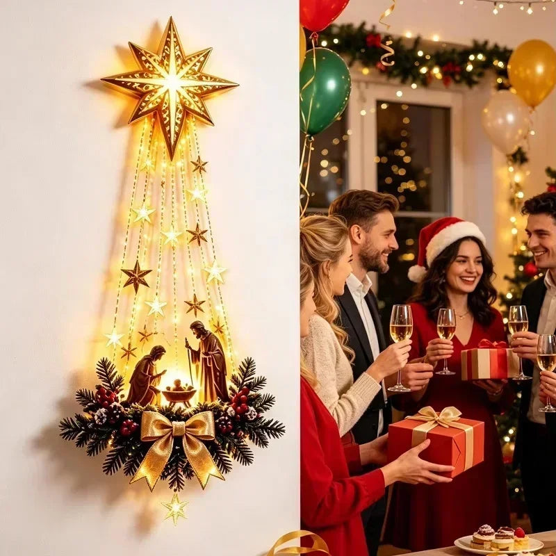 Christmas /Bethlehem Star of Faith/ Lighted Nativity Wall Decor Glowing Christmas Hanging Ornament LED Lights Indoor Decor Party