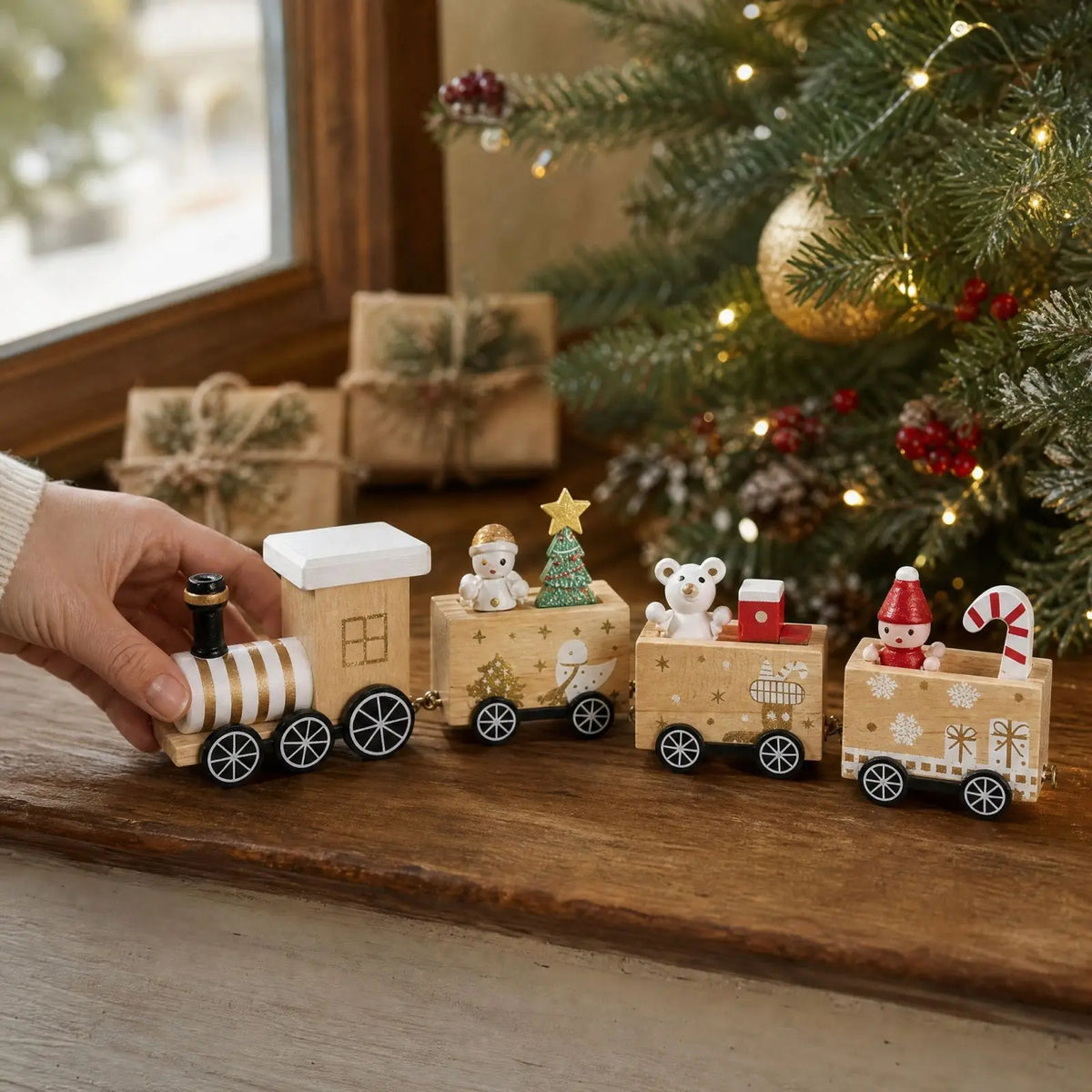 Christmas Wooden Train Xmas 4-Car Wood Train Decor Desktop Window Display Ornament Christmas Holiday Craft Gift