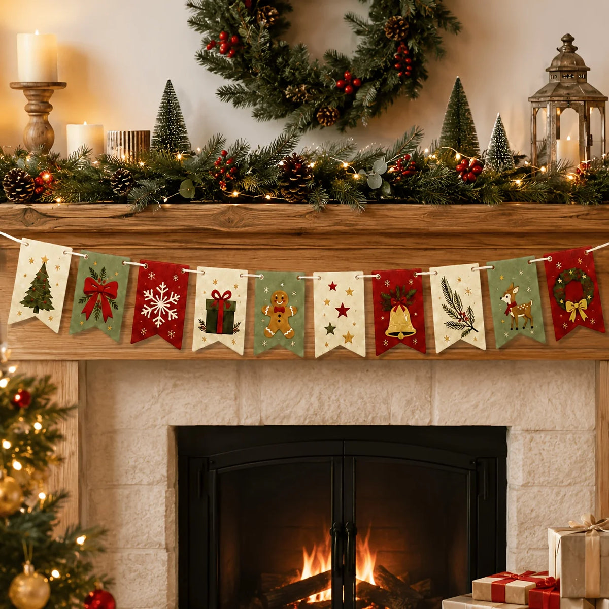 Christmas Felt Banner Wreath Tree-Shaped Bow Snowflakes Gifts Gingerbread Men Elk Floral Pattern Rural Retro Farmhouse Decor