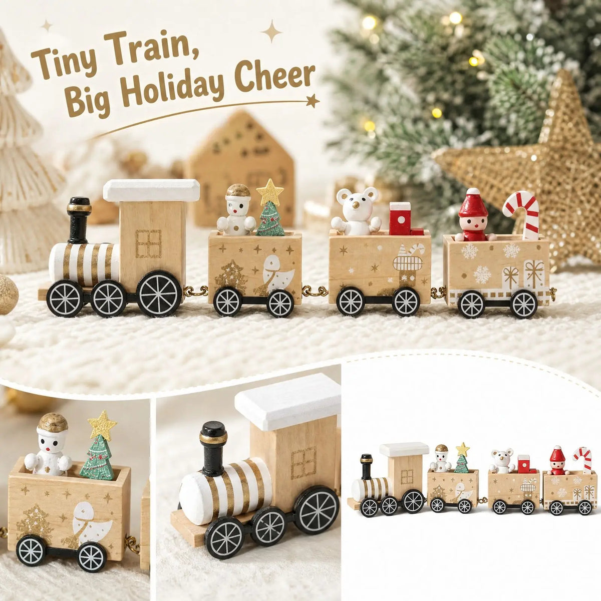 Christmas Wooden Train Xmas 4-Car Wood Train Decor Desktop Window Display Ornament Christmas Holiday Craft Gift
