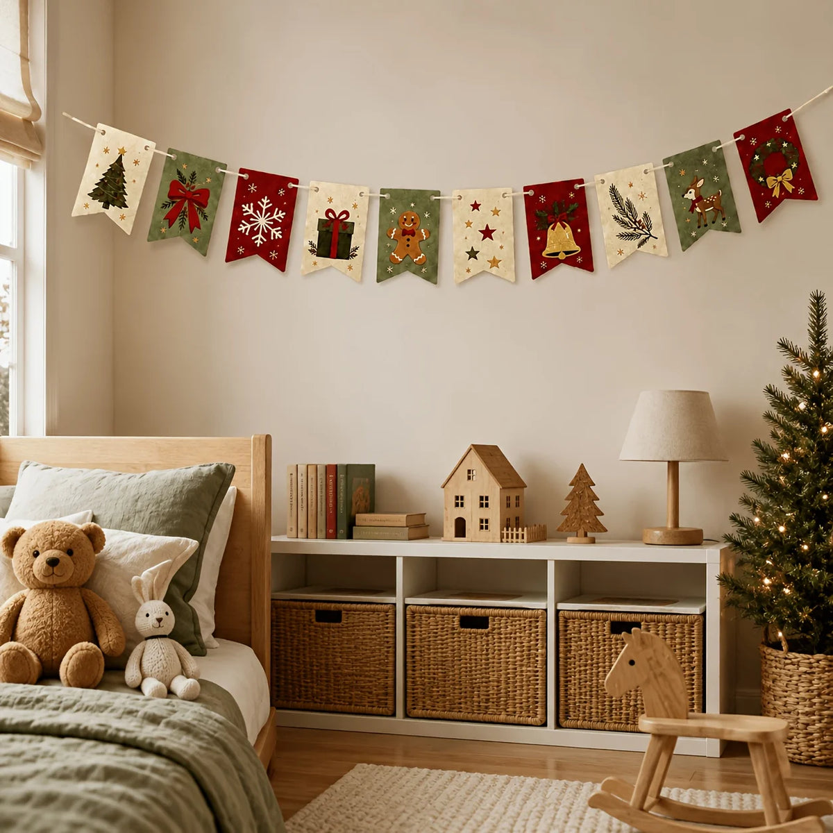 Christmas Felt Banner Wreath Tree-Shaped Bow Snowflakes Gifts Gingerbread Men Elk Floral Pattern Rural Retro Farmhouse Decor