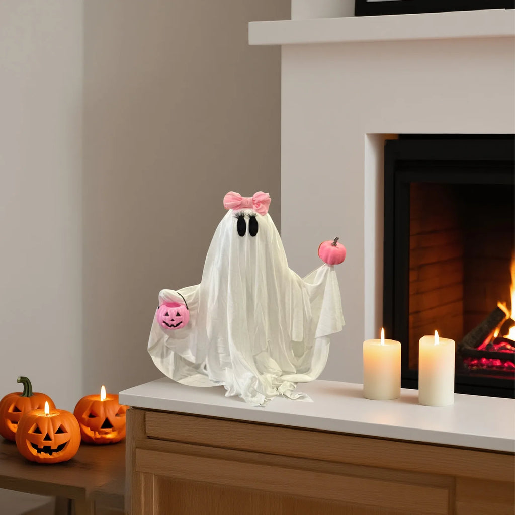 Halloween Ghost Holding Pink Pumpkin Halloween Decorations Indoor Spooky Ghost Decor Halloween Party Desktop Decoration Ornament