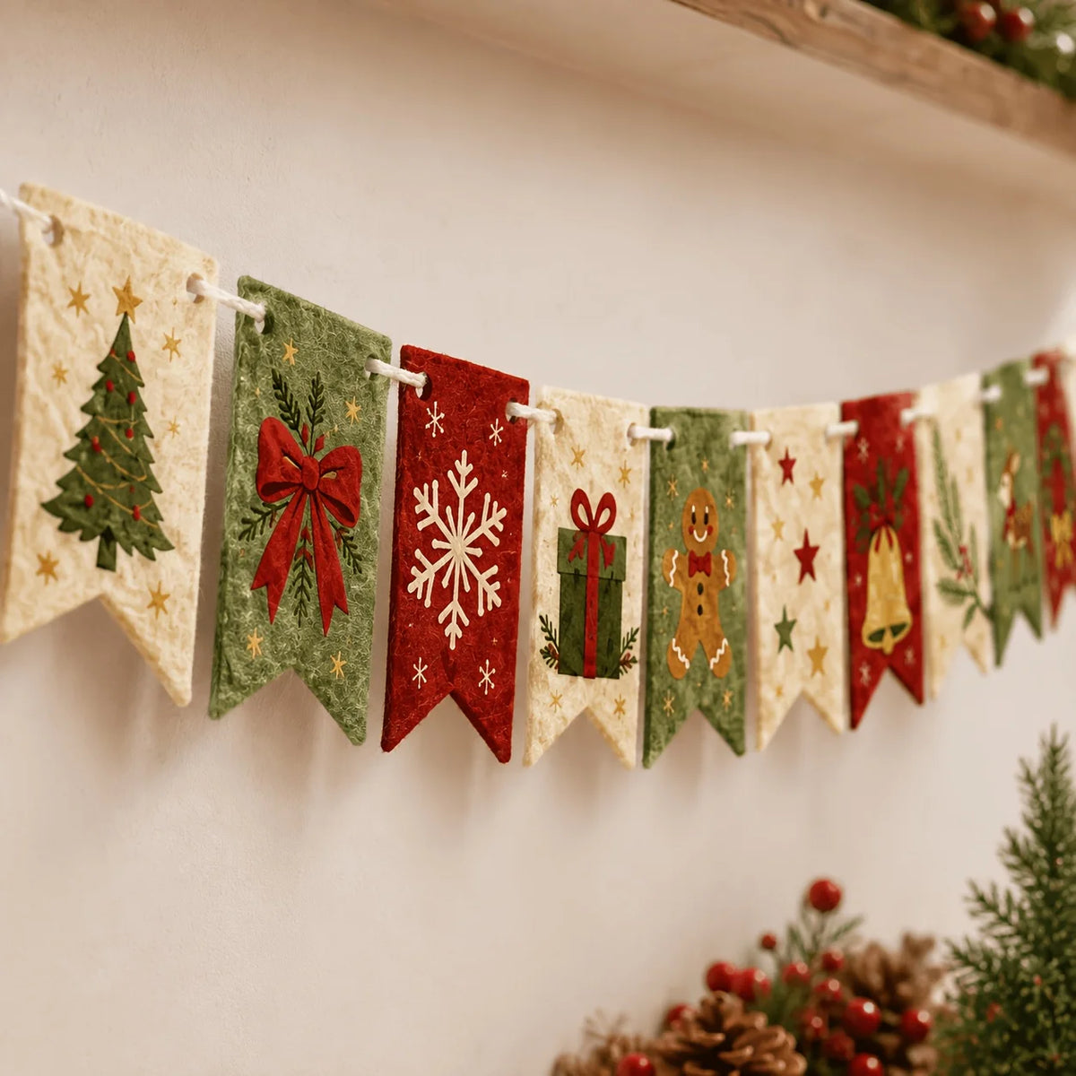 Christmas Felt Banner Wreath Tree-Shaped Bow Snowflakes Gifts Gingerbread Men Elk Floral Pattern Rural Retro Farmhouse Decor