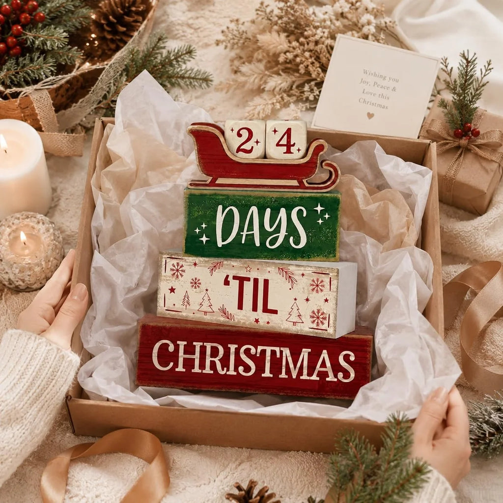 Christmas Countdown Wooden Decorations Indoor, Farmhouse Rustic Tabletop Decor, Days 'Til Christmas Sleigh Advent Calendar Wood