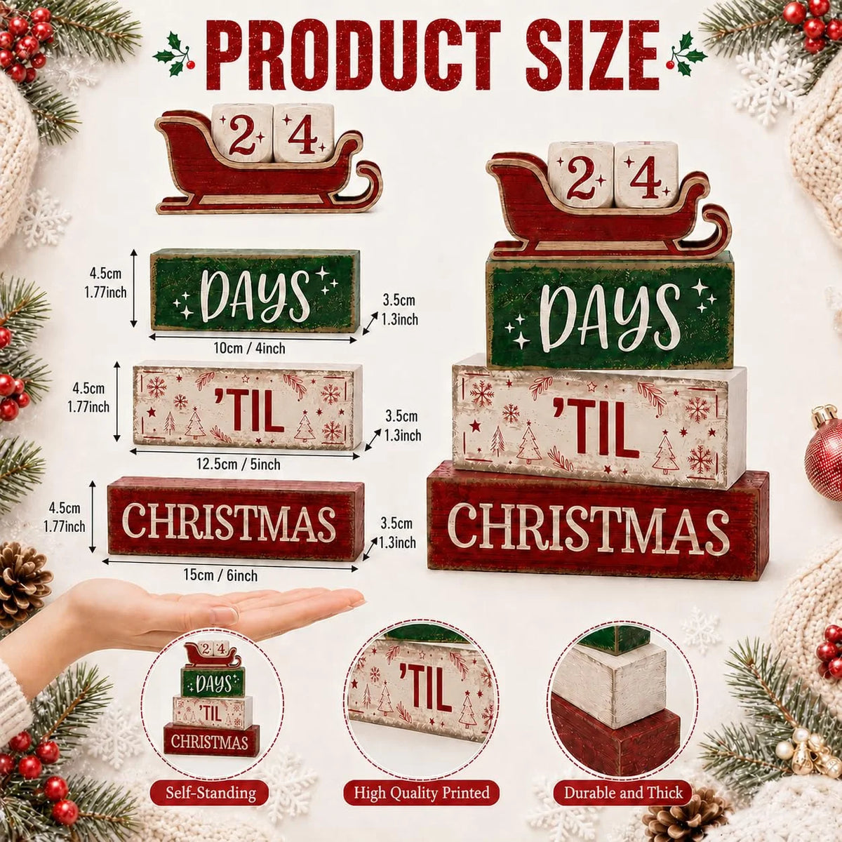 Christmas Countdown Wooden Decorations Indoor, Farmhouse Rustic Tabletop Decor, Days 'Til Christmas Sleigh Advent Calendar Wood