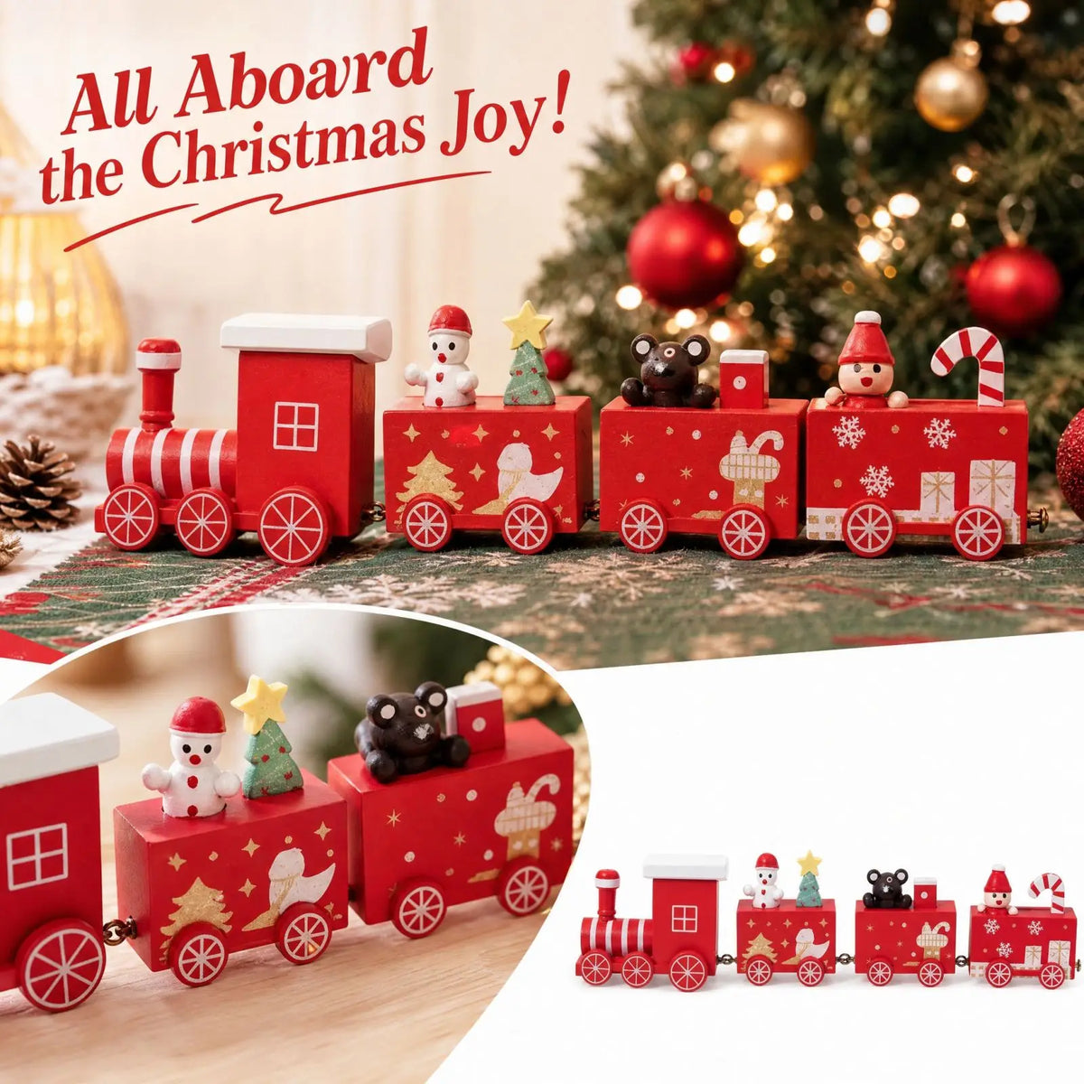 Christmas Wooden Train Xmas 4-Car Wood Train Decor Desktop Window Display Ornament Christmas Holiday Craft Gift
