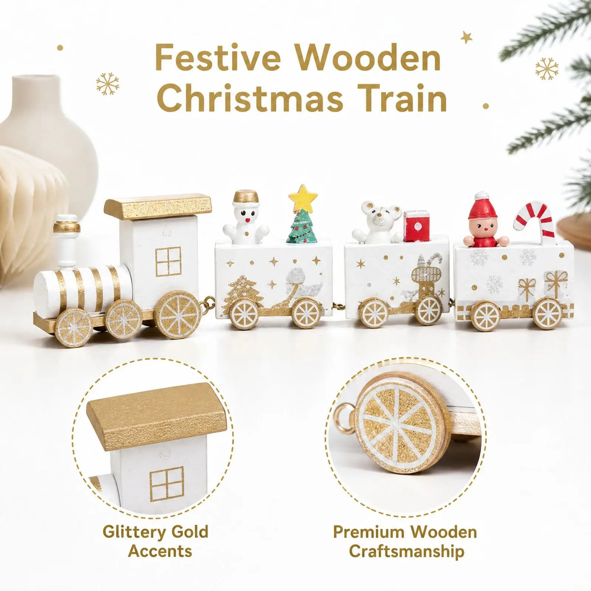 Christmas Wooden Train Xmas 4-Car Wood Train Decor Desktop Window Display Ornament Christmas Holiday Craft Gift