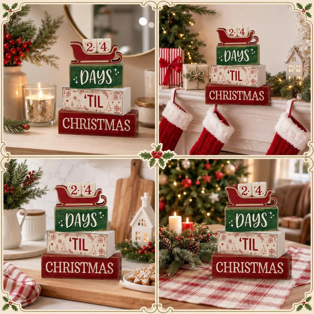 Christmas Countdown Wooden Decorations Indoor, Farmhouse Rustic Tabletop Decor, Days 'Til Christmas Sleigh Advent Calendar Wood