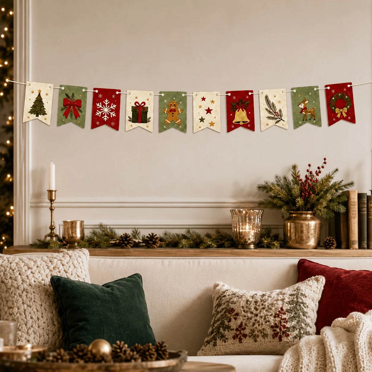 Christmas Felt Banner Wreath Tree-Shaped Bow Snowflakes Gifts Gingerbread Men Elk Floral Pattern Rural Retro Farmhouse Decor