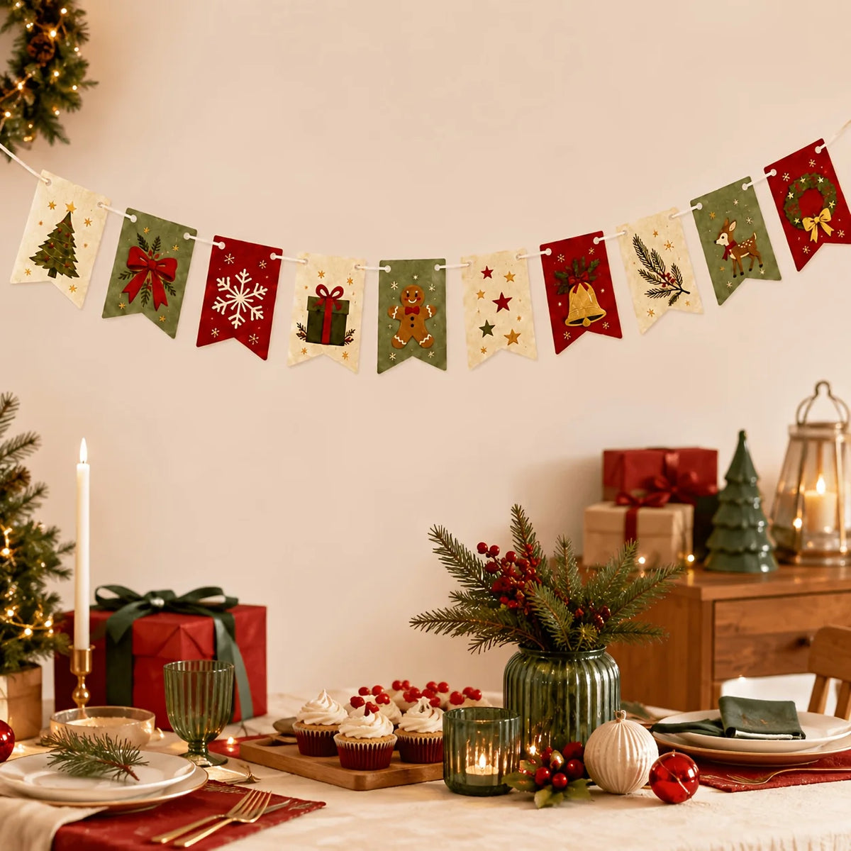 Christmas Felt Banner Wreath Tree-Shaped Bow Snowflakes Gifts Gingerbread Men Elk Floral Pattern Rural Retro Farmhouse Decor