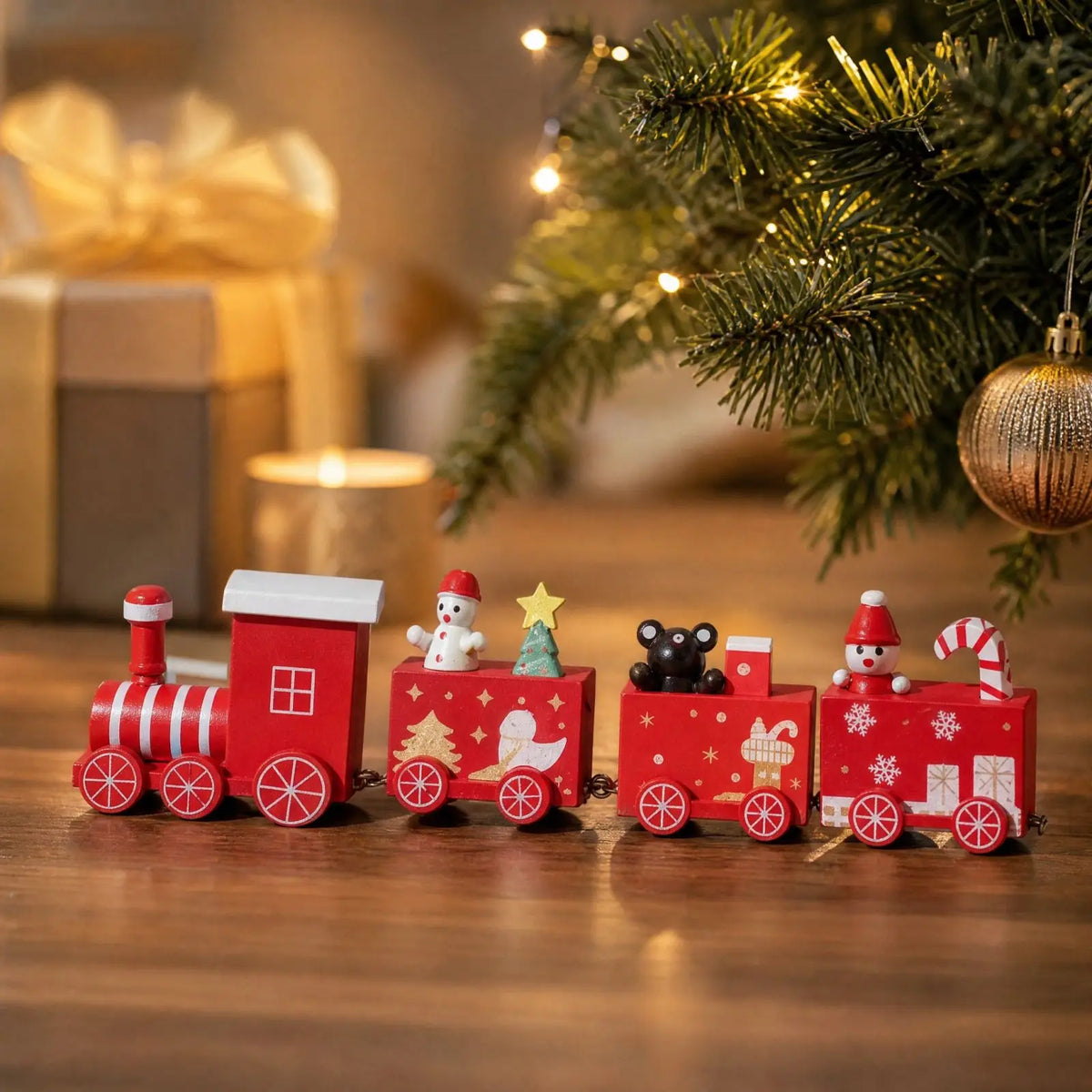 Christmas Wooden Train Xmas 4-Car Wood Train Decor Desktop Window Display Ornament Christmas Holiday Craft Gift